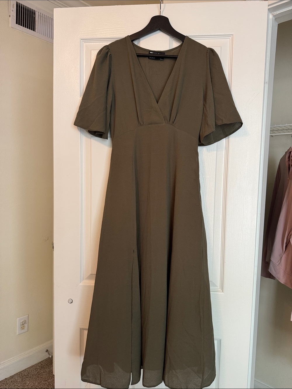 ASOS Midi V-Neck Olive Green Dress with Flutter Sleeves